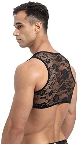 Men's Sissy Lace Floral Muscle Tank Top Round Neck Mesh Undershirt Semi Transparent Vest Singlet Gym Sports Half Top