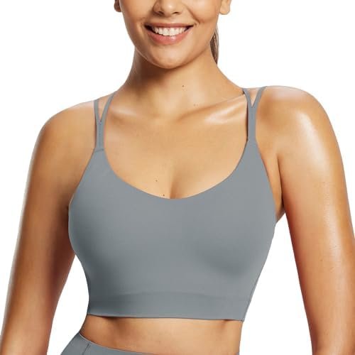 Women's Sports Bra Longline, Molded Cup Yoga Bra Thin Strap Low Impact Spaghetti Workout Crop Tank Tops