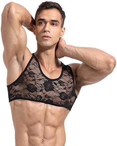 Men's Sissy Lace Floral Muscle Tank Top Round Neck Mesh Undershirt Semi Transparent Vest Singlet Gym Sports Half Top
