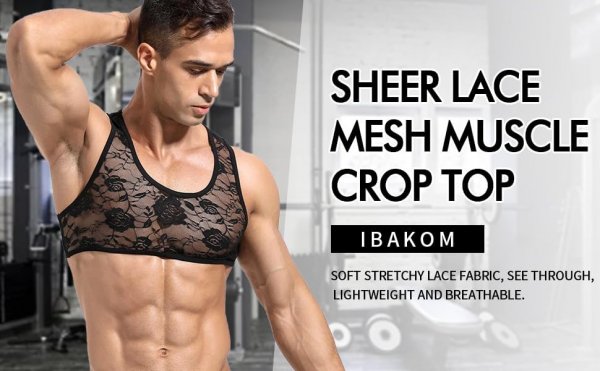 Men's Sissy Lace Floral Muscle Tank Top Round Neck Mesh Undershirt Semi Transparent Vest Singlet Gym Sports Half Top