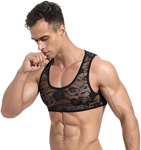 Men's Sissy Lace Floral Muscle Tank Top Round Neck Mesh Undershirt Semi Transparent Vest Singlet Gym Sports Half Top